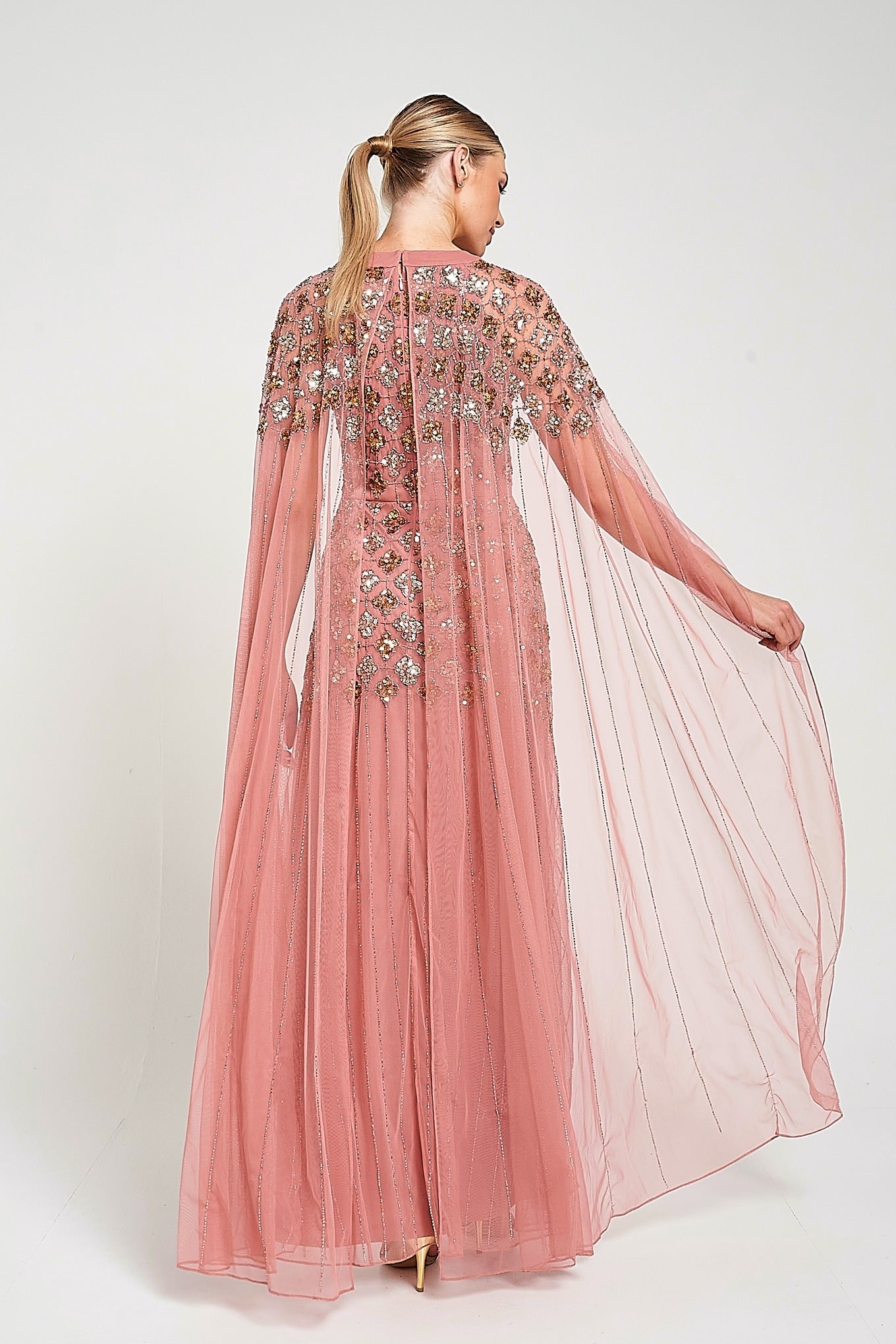 pink dress with cape sleeves Long Pink Formal Dress with Pearls Sage / 10
