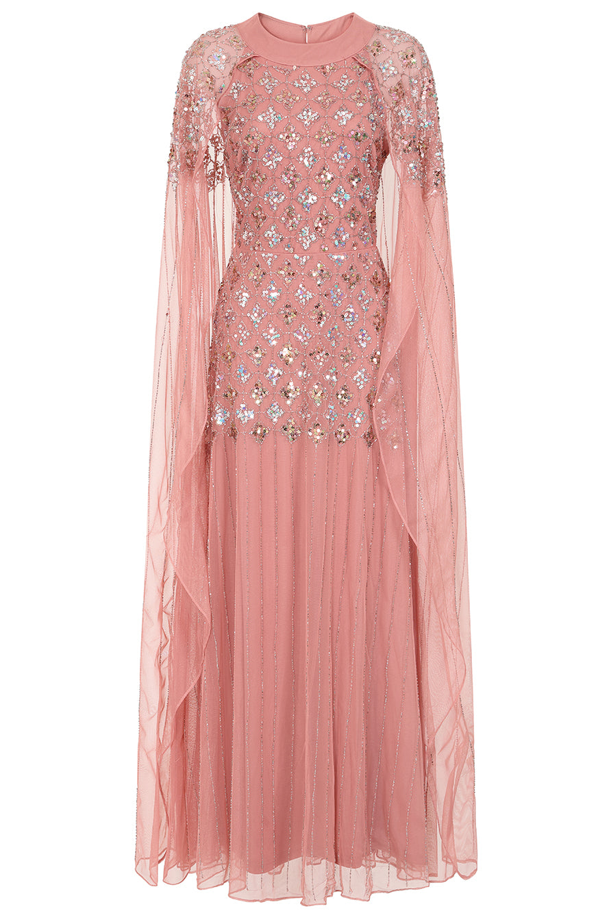 Kezia Pink Embellished Cape Sleeve Maxi Dress