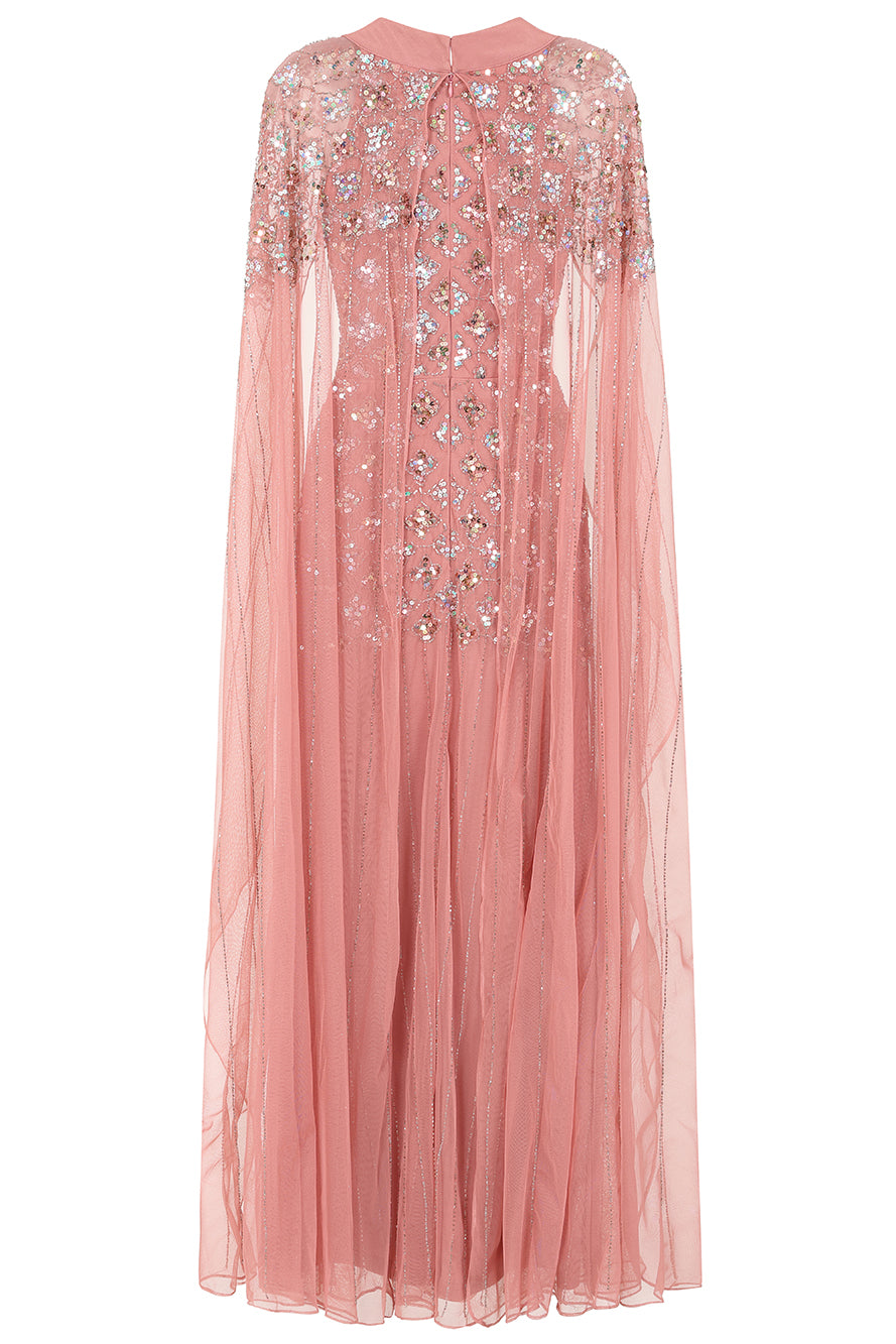 Kezia Pink Embellished Cape Sleeve Maxi Dress