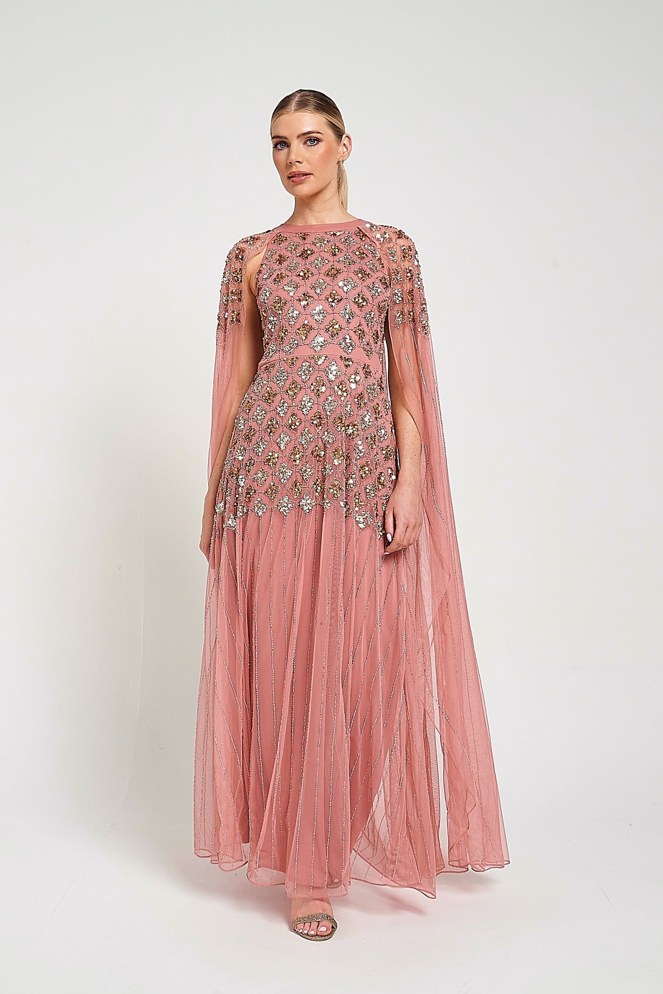 Kezia Pink Embellished Cape Sleeve Maxi Dress