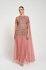 Kezia Pink Embellished Cape Sleeve Maxi Dress
