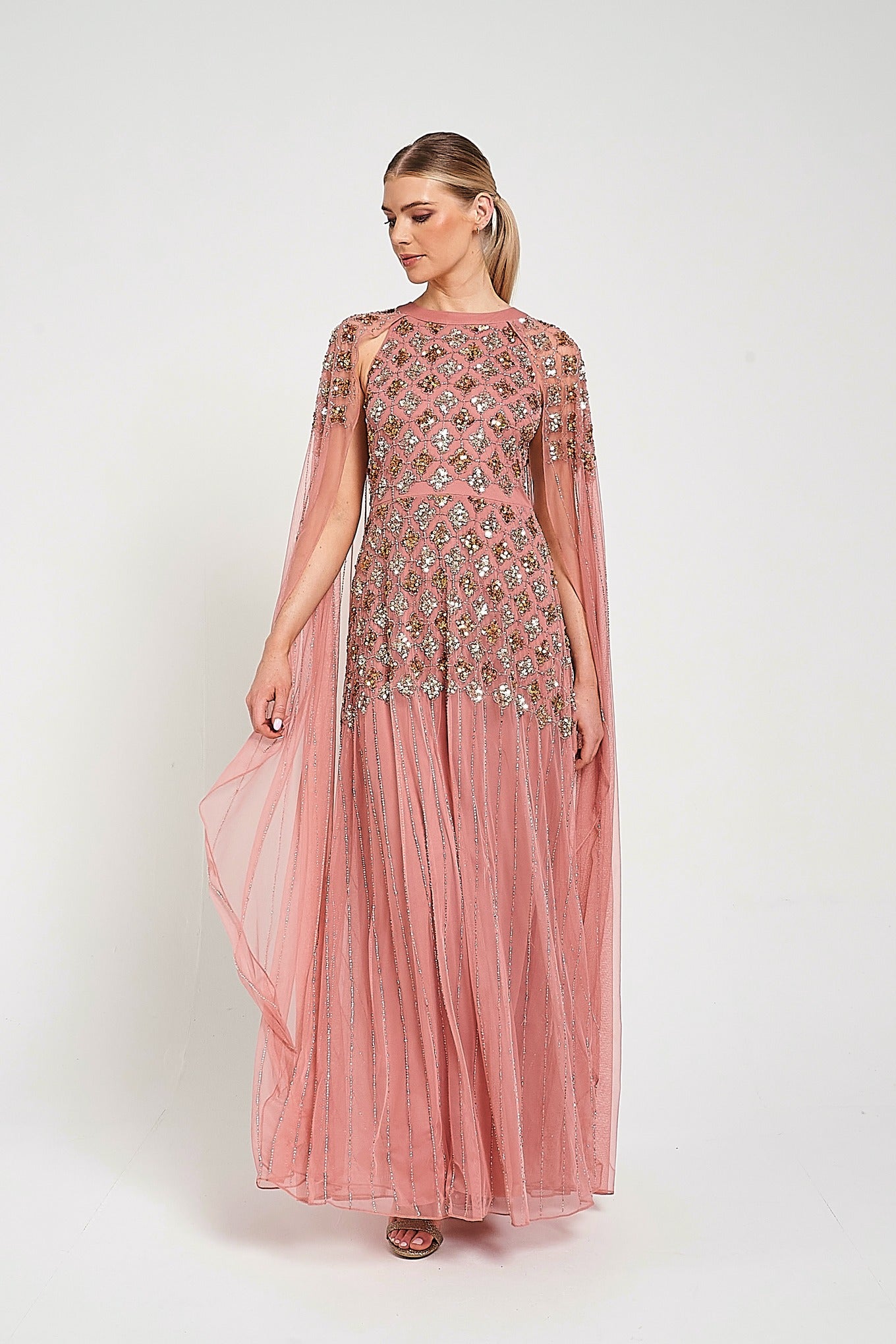 Kezia Pink Embellished Cape Sleeve Maxi Dress
