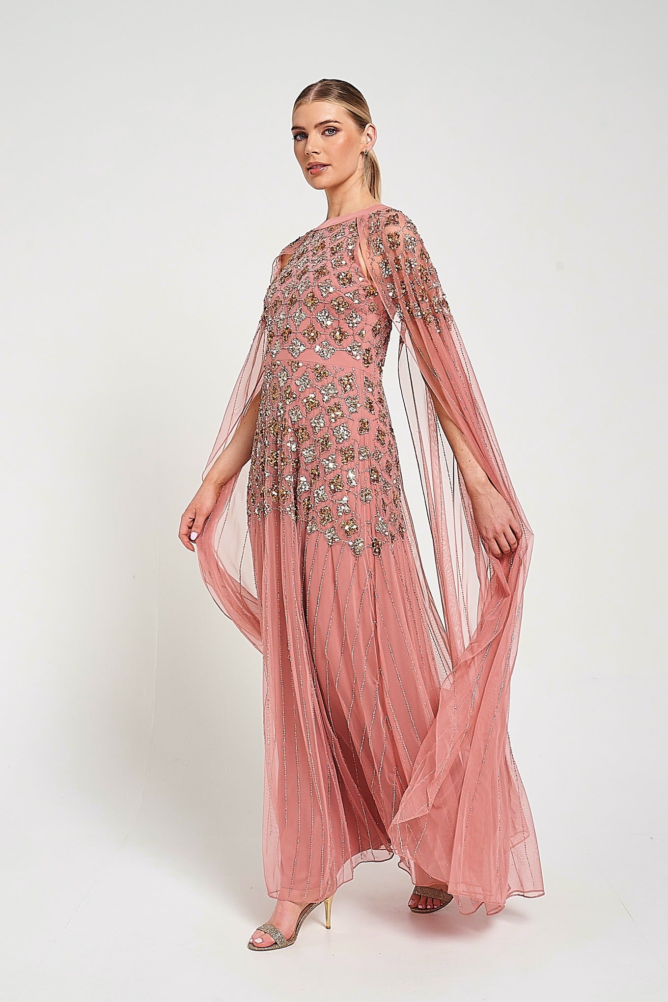Kezia Pink Embellished Cape Sleeve Maxi Dress