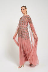 Kezia Pink Embellished Cape Sleeve Maxi Dress