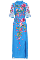 Kira Blue Floral Embroidered Midaxi Dress