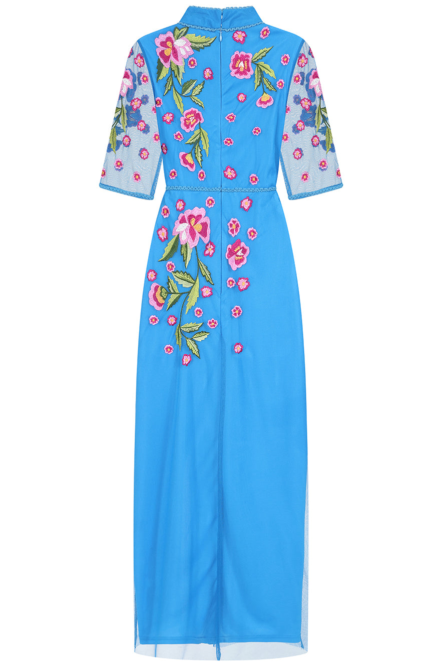 Kira Blue Floral Embroidered Midaxi Dress