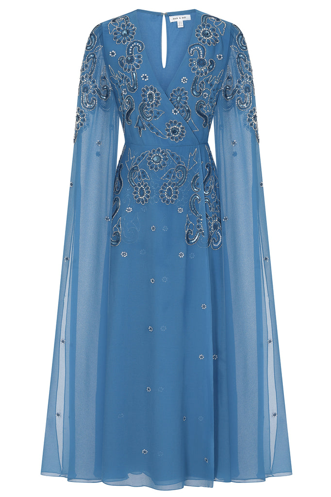 Laelia Blue Flower Embellished Maxi Dress with Cape Sleeves – Frock and