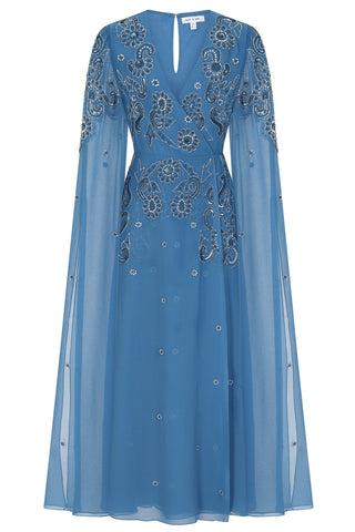 Laelia Blue Embellished Maxi Dress with Cape Sleeves