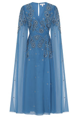 Laelia Blue Embellished Maxi Dress with Cape Sleeves