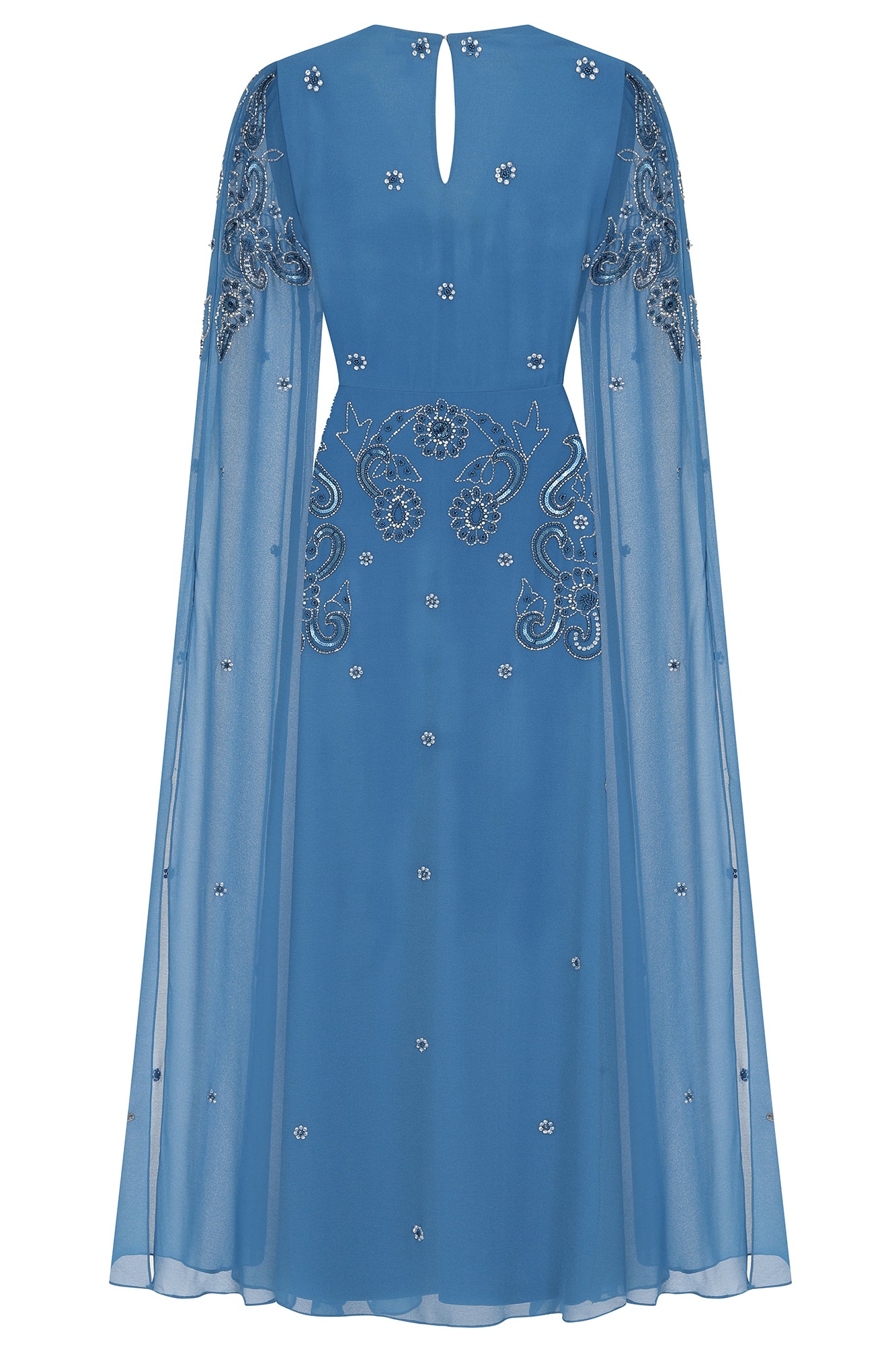 Laelia Blue Embellished Maxi Dress with Cape Sleeves