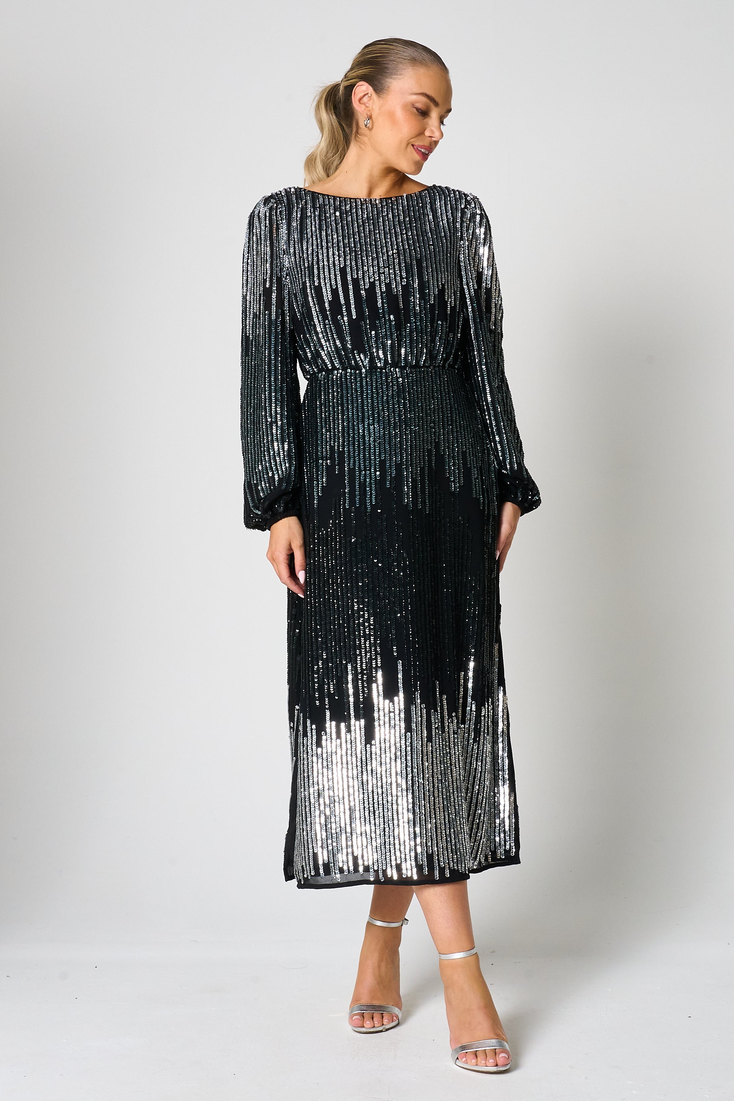 Lena Black Sequin Midi Dress – Frock and Frill