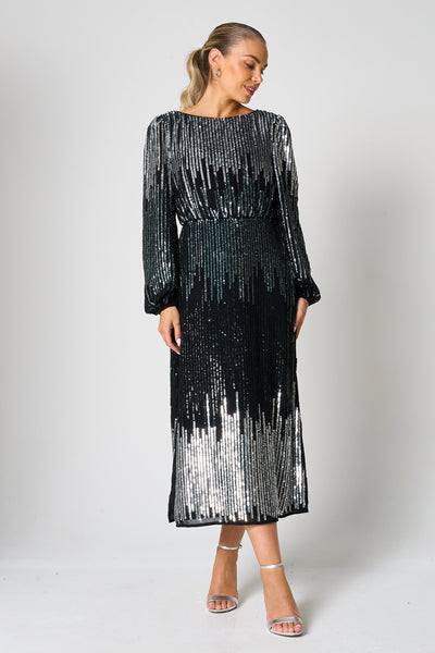Lena Black Sequin Midi Dress – Frock and Frill