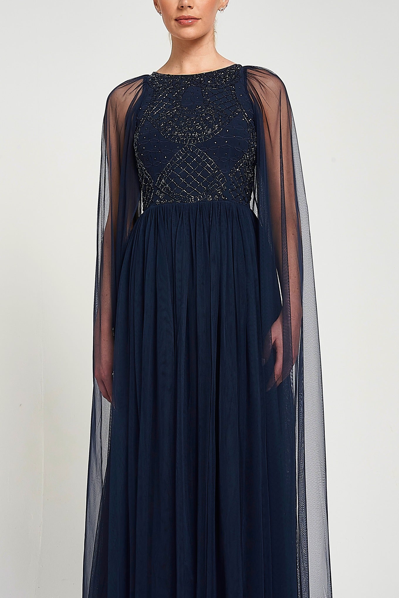 Leona Navy Embellished Cape Sleeve Maxi Dress – Frock and Frill