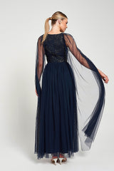 Leona Navy Embellished Cape Sleeve Maxi Dress
