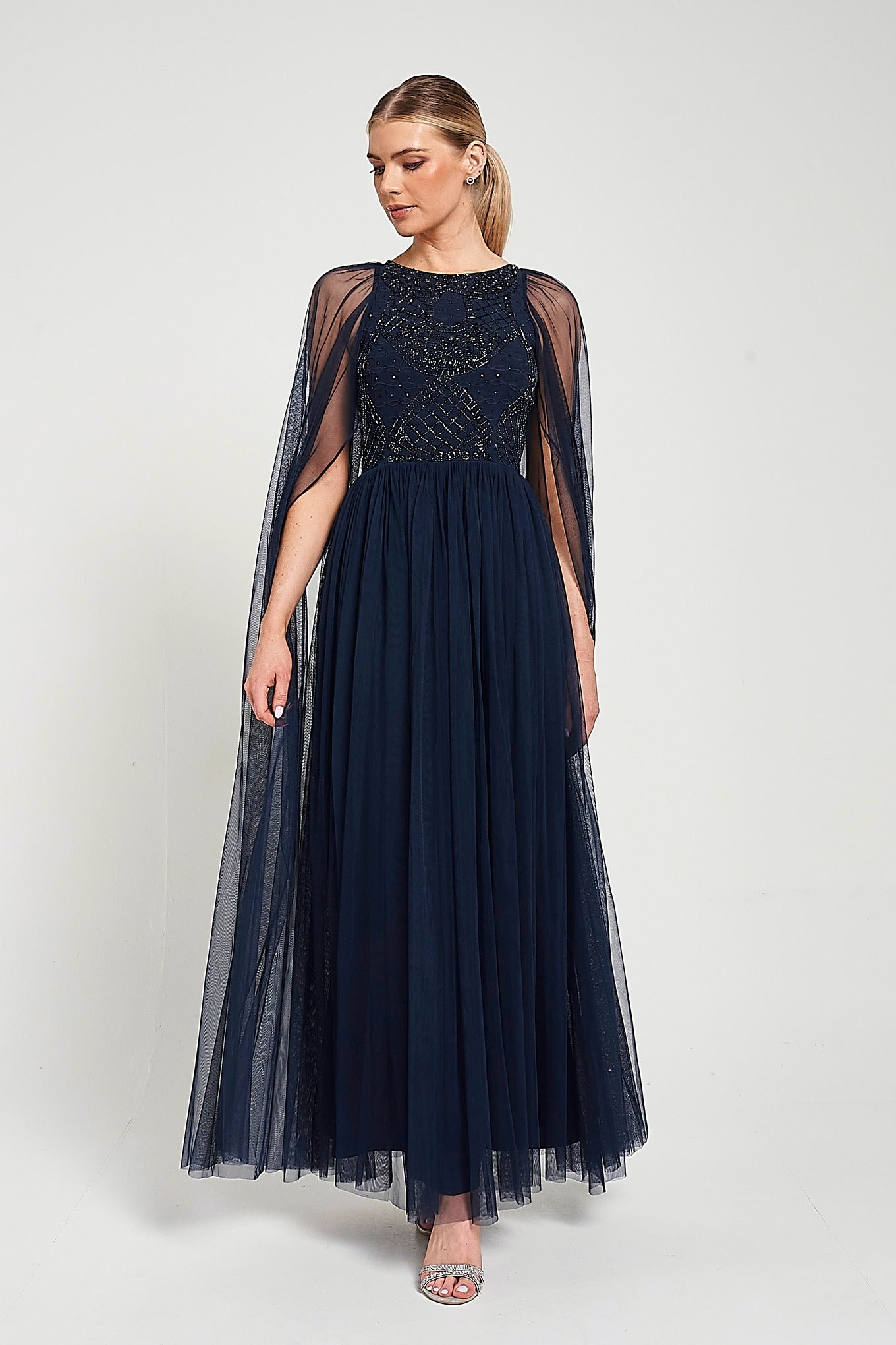 Leona Navy Embellished Cape Sleeve Maxi Dress – Frock and Frill