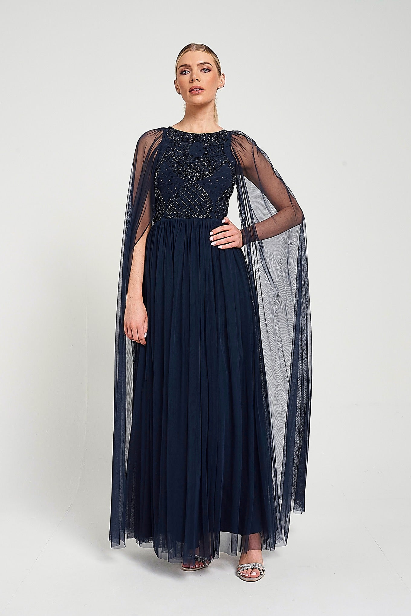 Leona Navy Embellished Cape Sleeve Maxi Dress