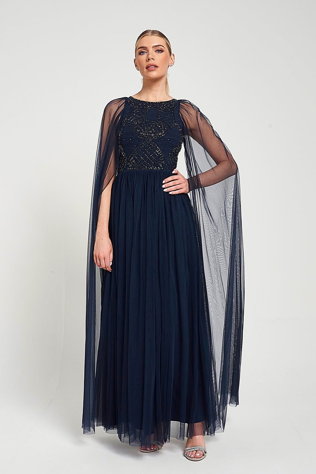 Leona Navy Embellished Cape Sleeve Maxi Dress – Frock and Frill