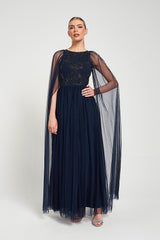 Leona Navy Embellished Cape Sleeve Maxi Dress