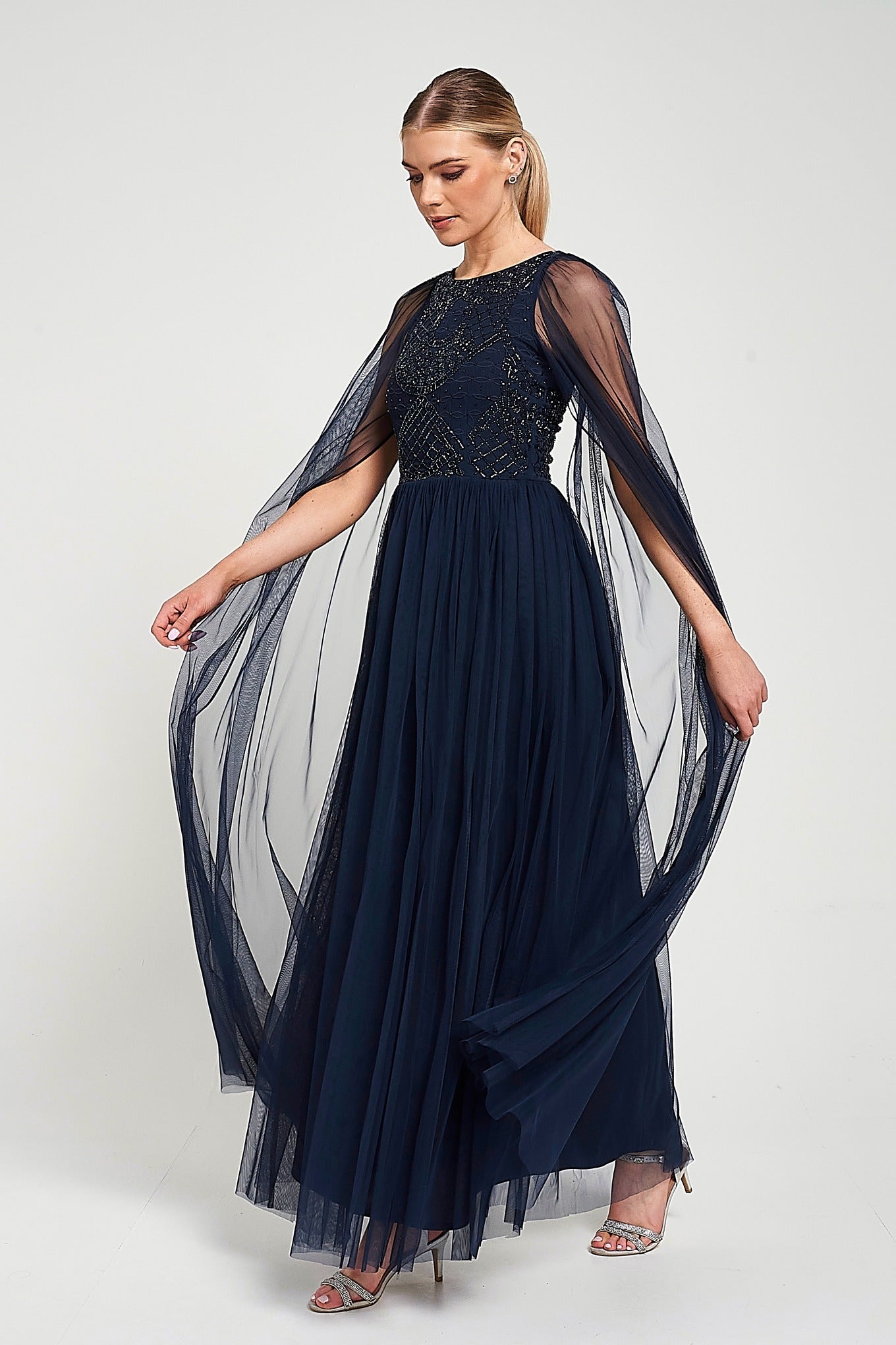 Leona Navy Embellished Cape Sleeve Maxi Dress – Frock and Frill