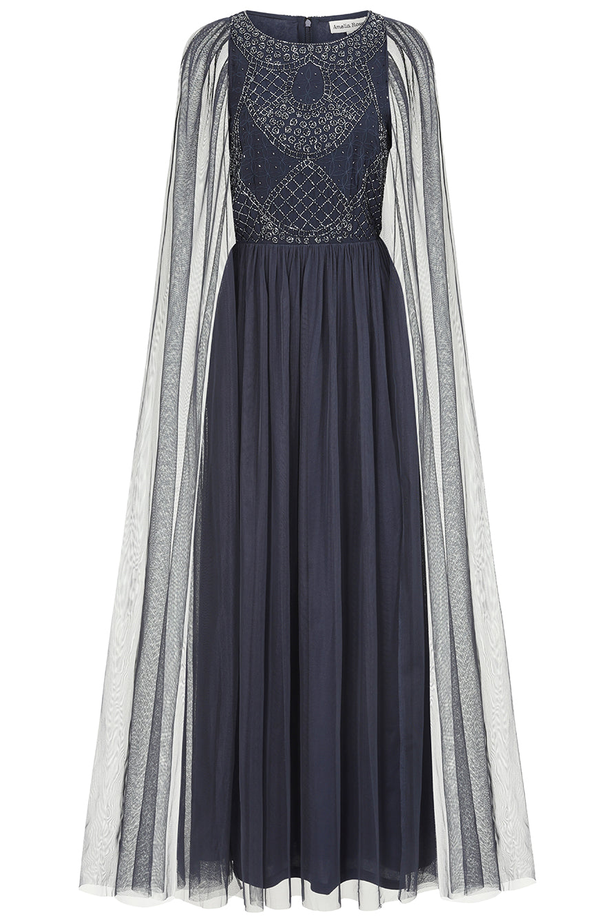 Leona Navy Embellished Cape Sleeve Maxi Dress