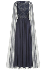 Leona Navy Embellished Cape Sleeve Maxi Dress