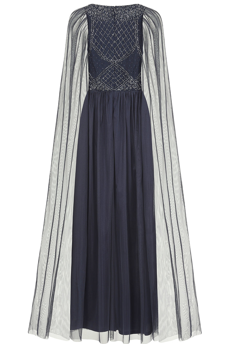 Leona Navy Embellished Cape Sleeve Maxi Dress