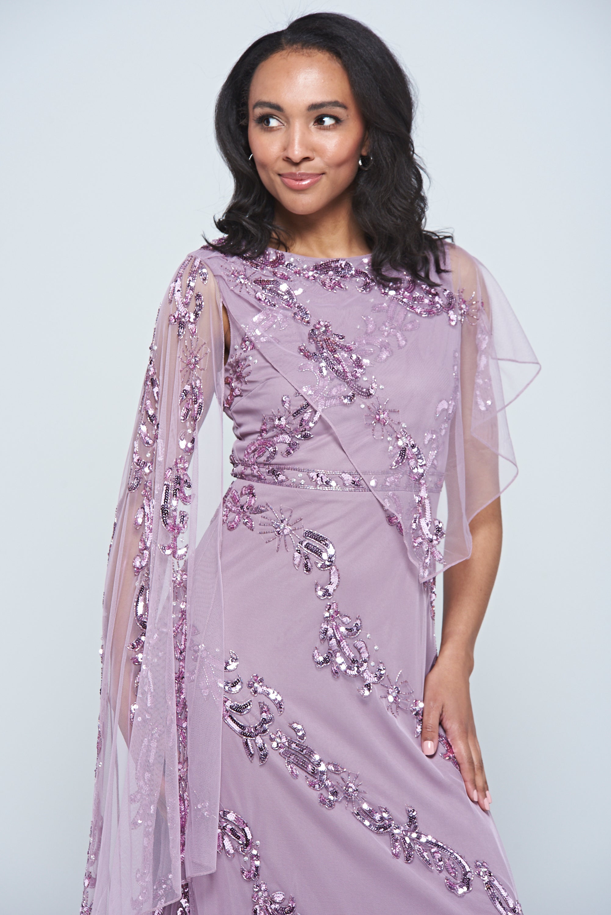 Lilla Lilac Embellished Asymmetric Cape Sleeve Maxi Dress Frock and Frill Lilla Lilac Embellished Asymmetric Cape Sleeve Maxi Dress Frock and Frill