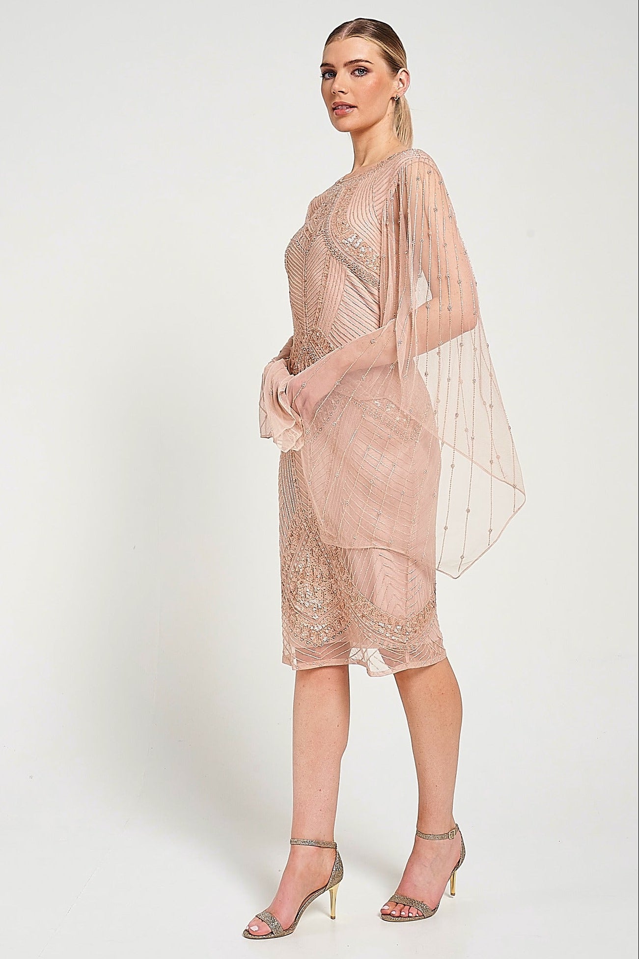 Liora blush embellished midi dress with intricate beading and sheer long sleeves. Perfect for parties and elegant evening occasions.