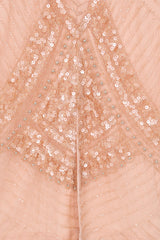 Liora blush embellished midi dress with intricate beading and sheer long sleeves. Perfect for parties and elegant evening occasions.