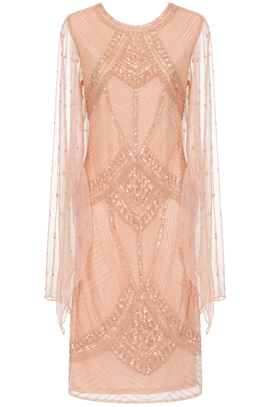 Liora blush embellished midi dress with intricate beading and sheer long sleeves. Perfect for parties and elegant evening occasions.