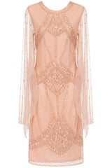 Liora blush embellished midi dress with intricate beading and sheer long sleeves. Perfect for parties and elegant evening occasions.