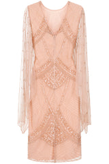 Liora blush embellished midi dress with intricate beading and sheer long sleeves. Perfect for parties and elegant evening occasions.