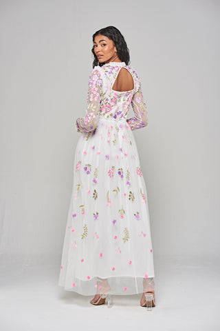 Liora White Rose Flower Maxi Dress