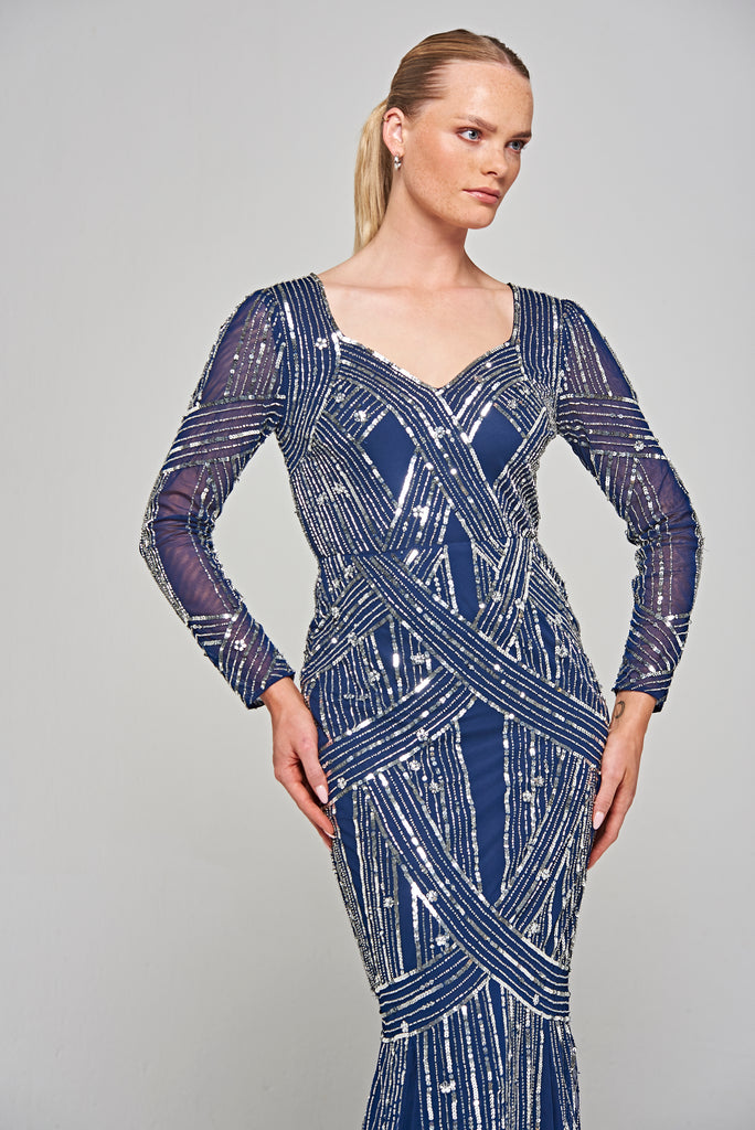 Lorraine Navy Embellished Maxi Dress – Frock and Frill