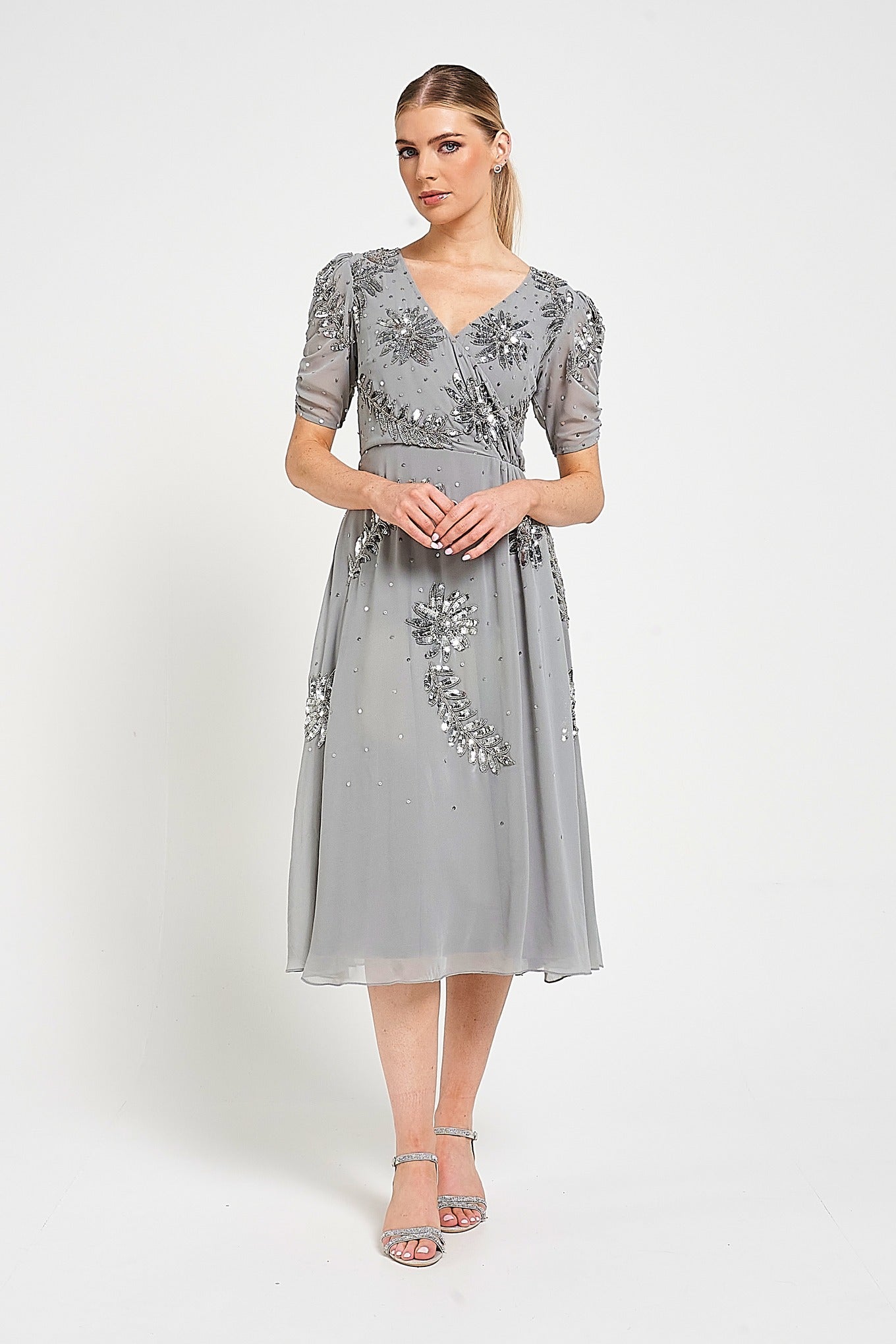 Lucy Grey Embellished Midi Dress