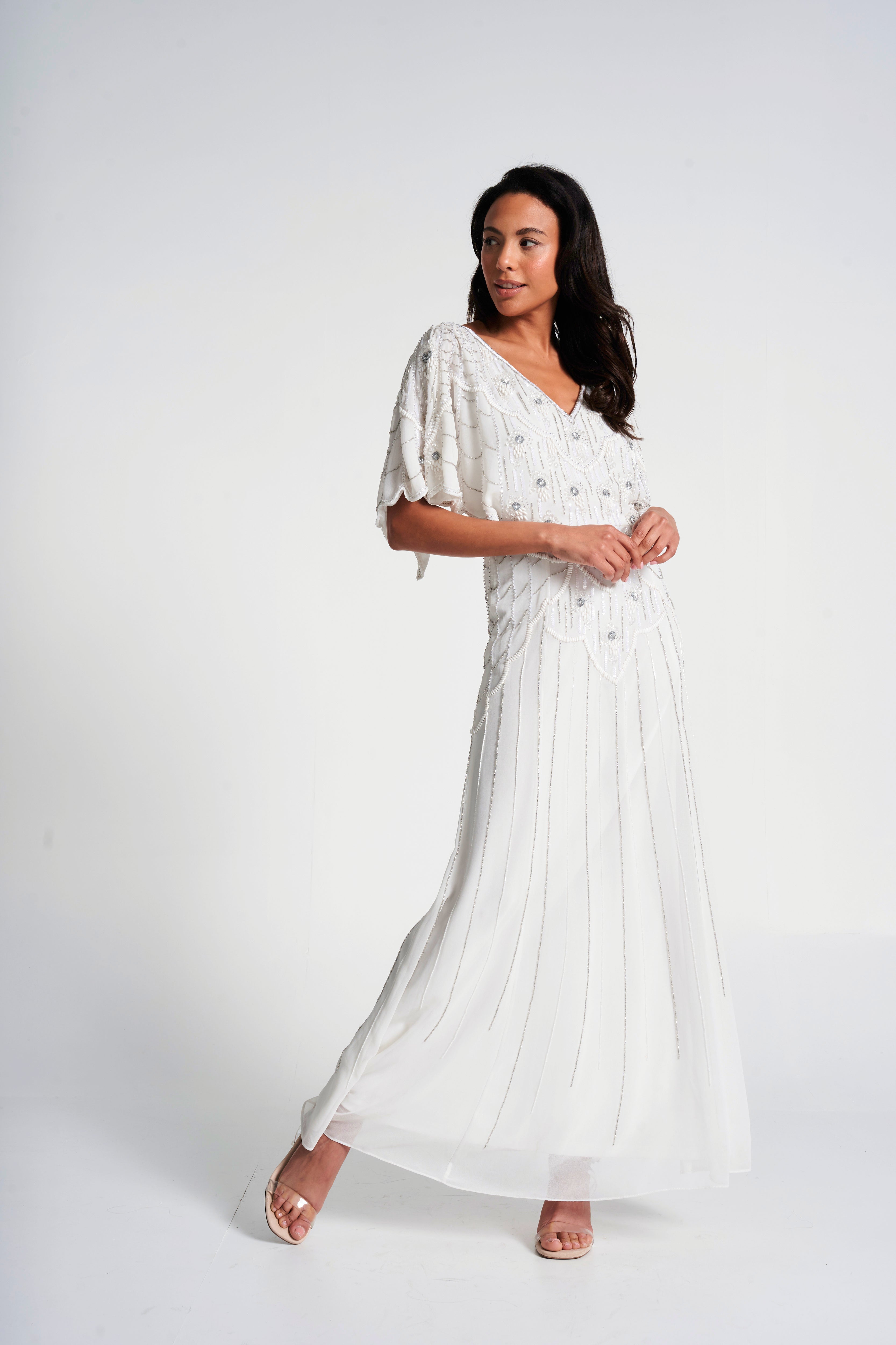 Luella White Embellished Cape Sleeve Maxi Dress