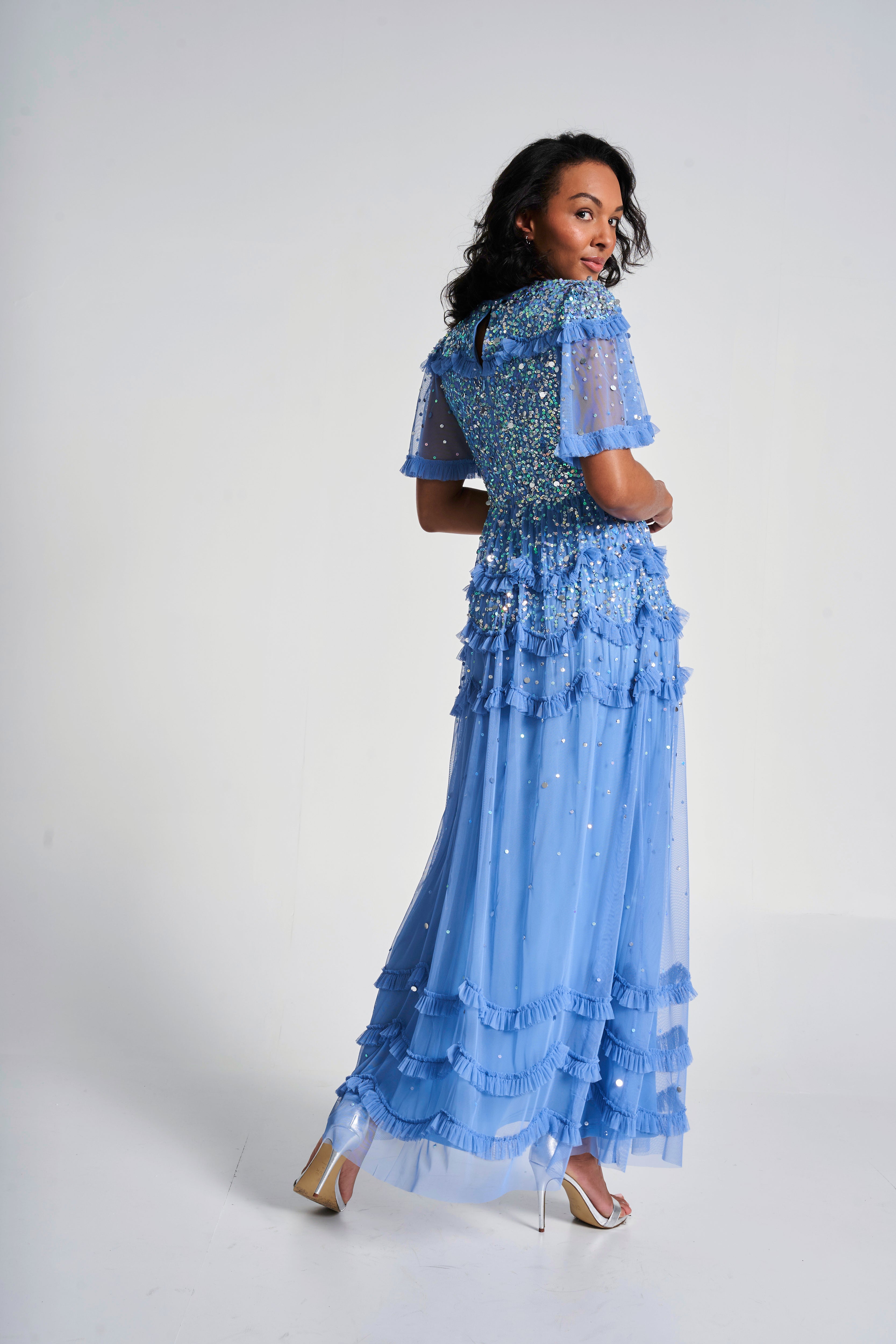 slim fit dress slacks Ever-Pretty Elegant V-Neck Long Lantern Sleeves Chiffon Evening Dress with Sequin