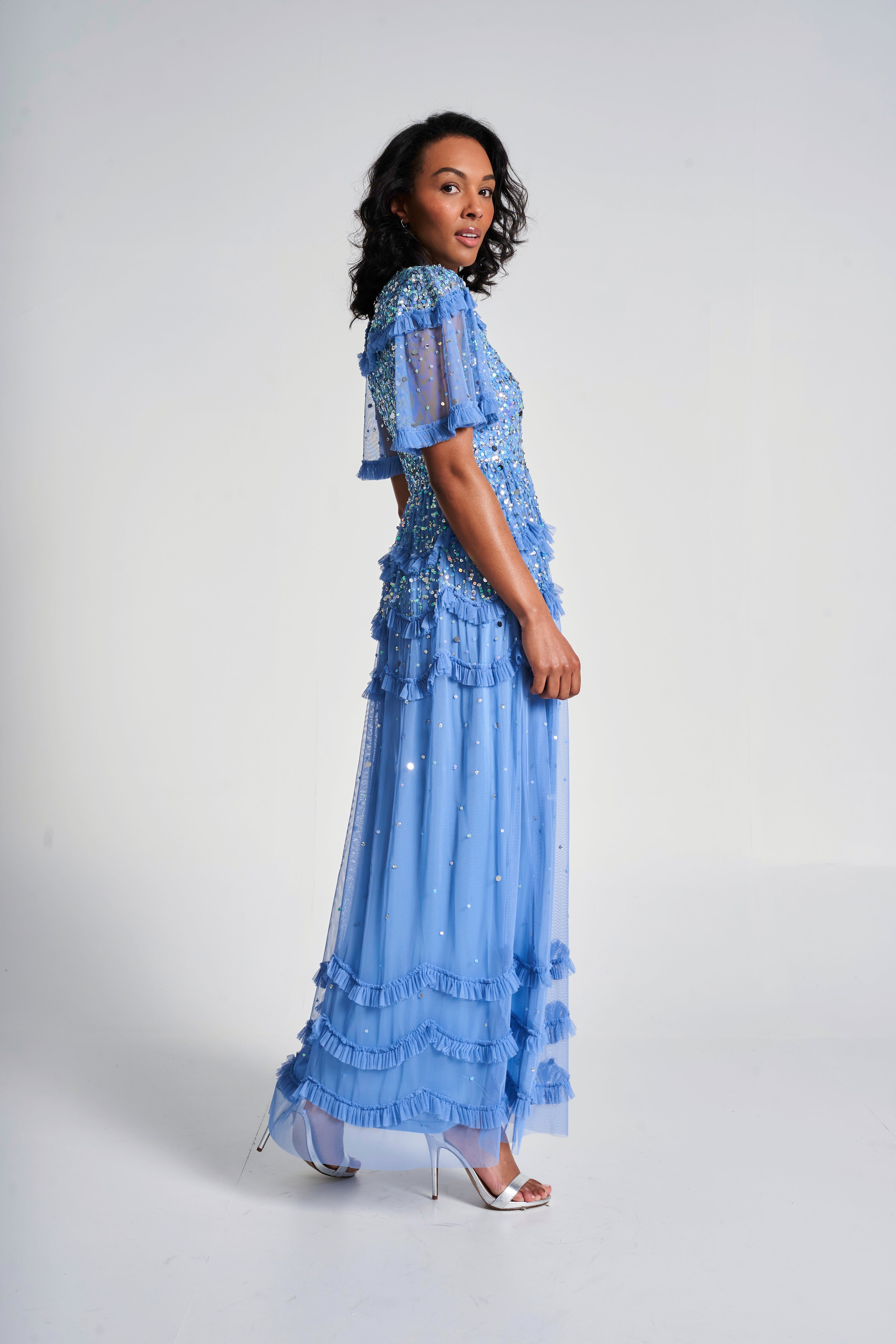 blue sequin floral dress Strapless Floral Sequin Maxi Dress Blue