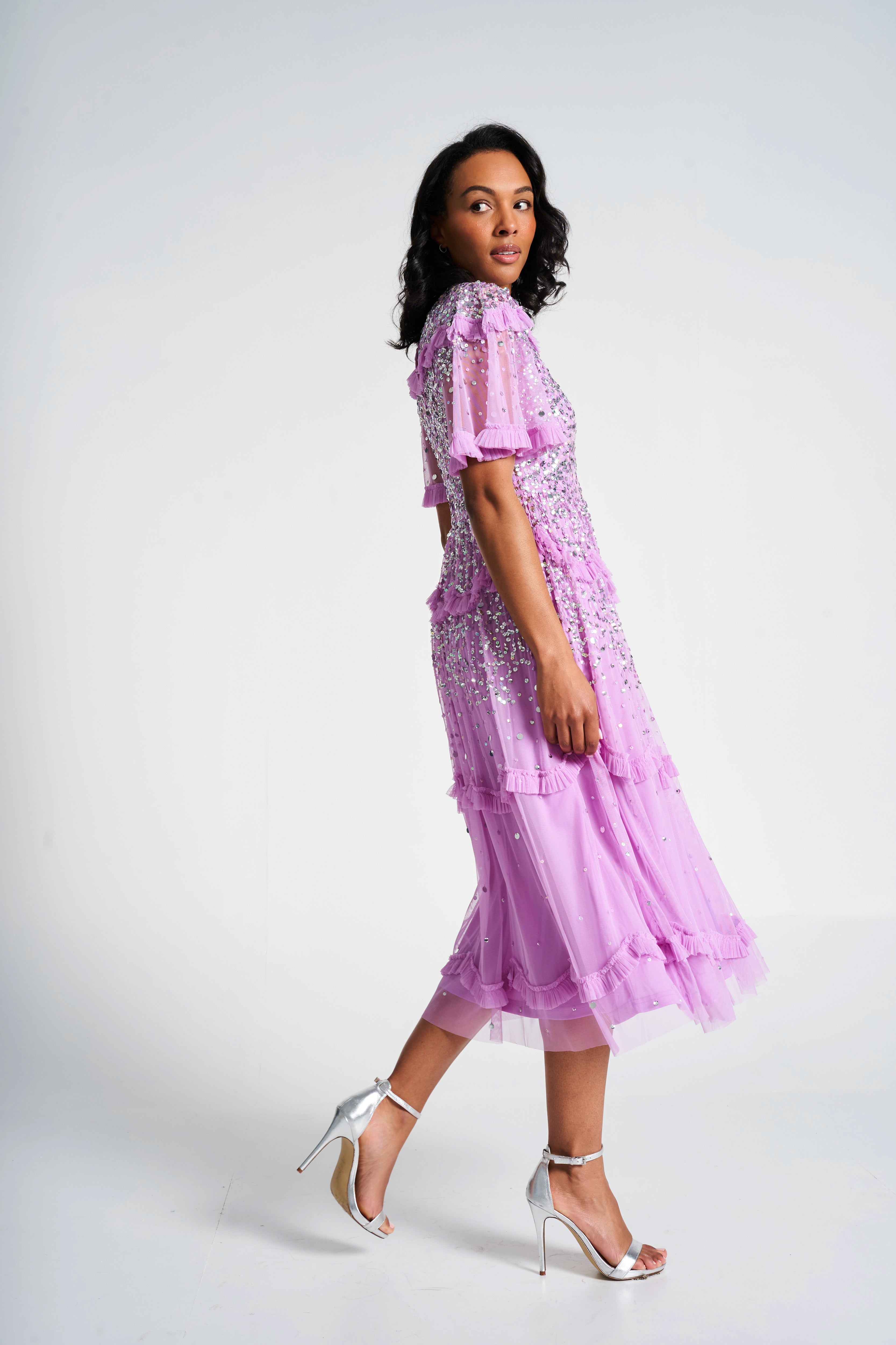 pink sequin midi dress Dorothy Perkins Keyhole Style her with black heels and a red lippy Flutter Sleeve Sequin Midi Dress