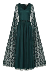 Mae Teal Green Embellished Cape Sleeve Maxi Dress