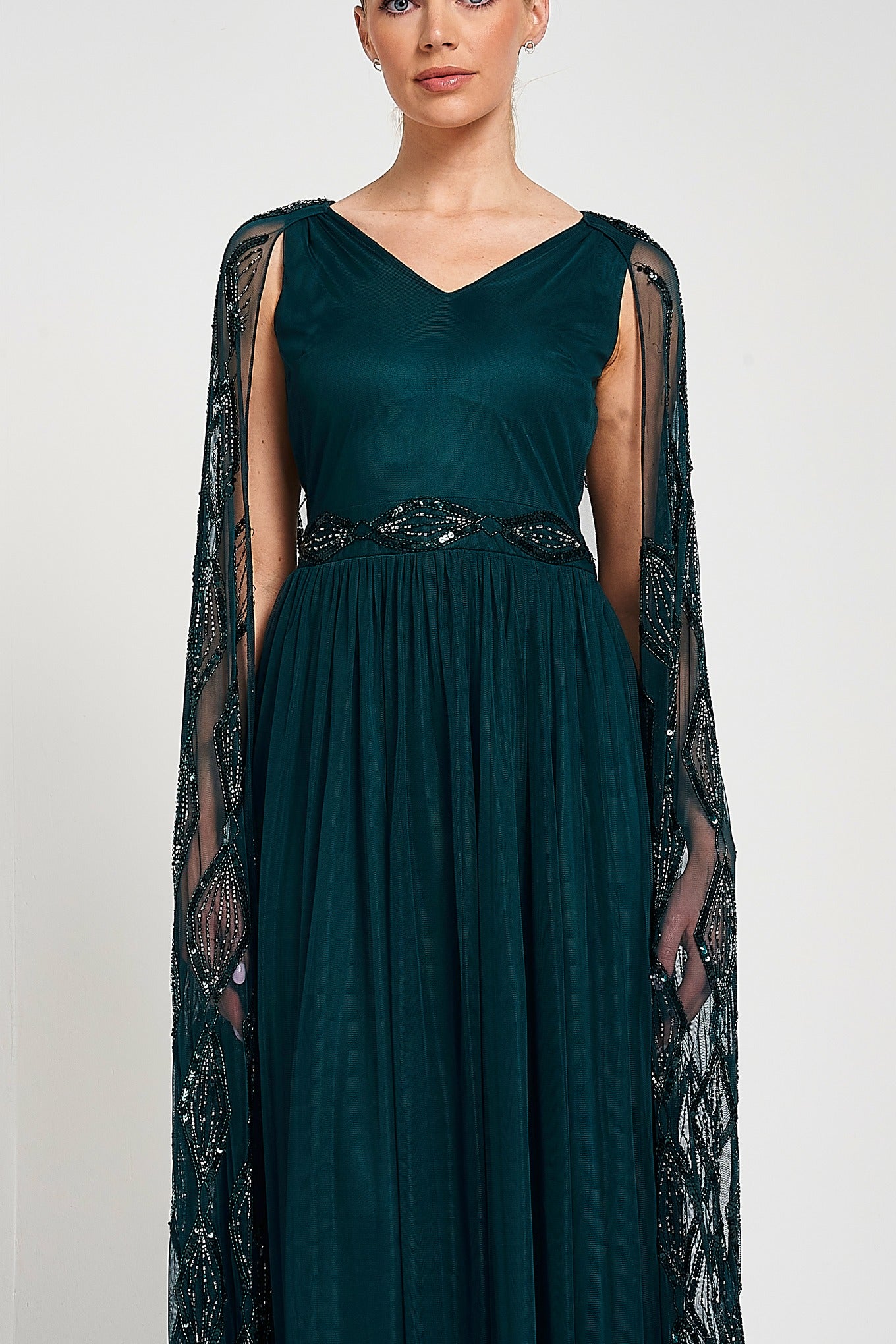 Mae Teal Green Embellished Cape Sleeve Maxi Dress Frock and Frill Mae Teal Green Embellished Cape Sleeve Maxi Dress Frock and Frill