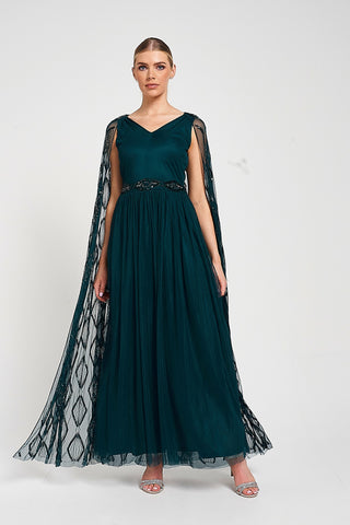 Mae Deep Teal Embellished Cape Sleeve Maxi Dress