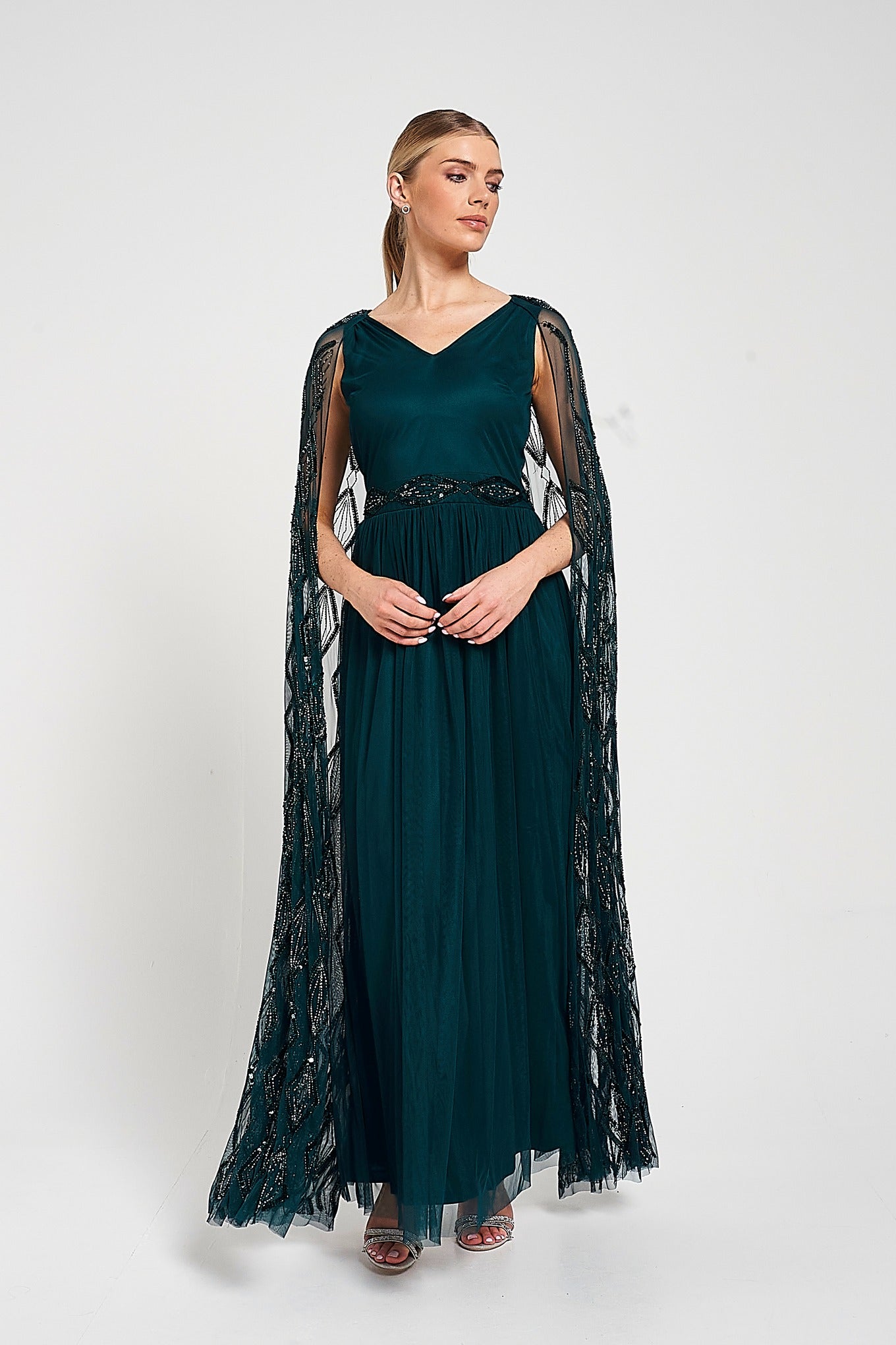 Mae Teal Green Embellished Cape Sleeve Maxi Dress Frock and Frill Mae Teal Green Embellished Cape Sleeve Maxi Dress Frock and Frill