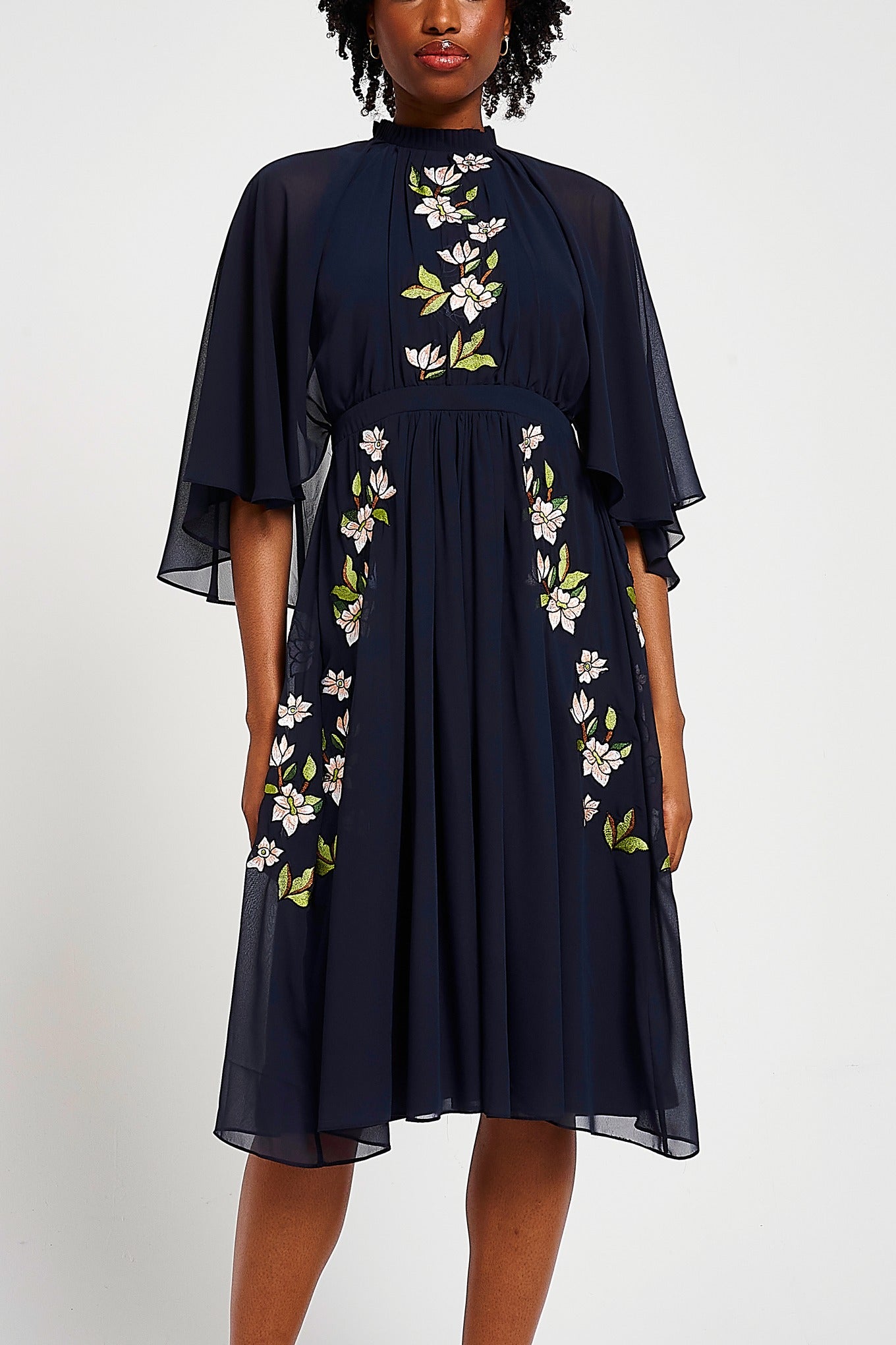 Maeve Navy Floral Embroidered Midi Dress