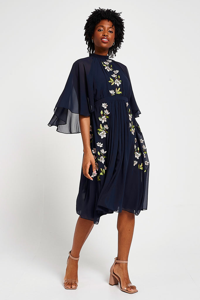 Maeve Navy Floral Embroidered Midi Dress – Frock and Frill