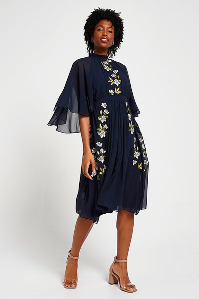 green emerald velvet dress Floral-Embroidered Long Sleeve Formal Dress 7045 Navy / 8 main image 0