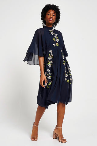 frock frill Maeve Navy Floral Embroidered Midi Dress Top Sale