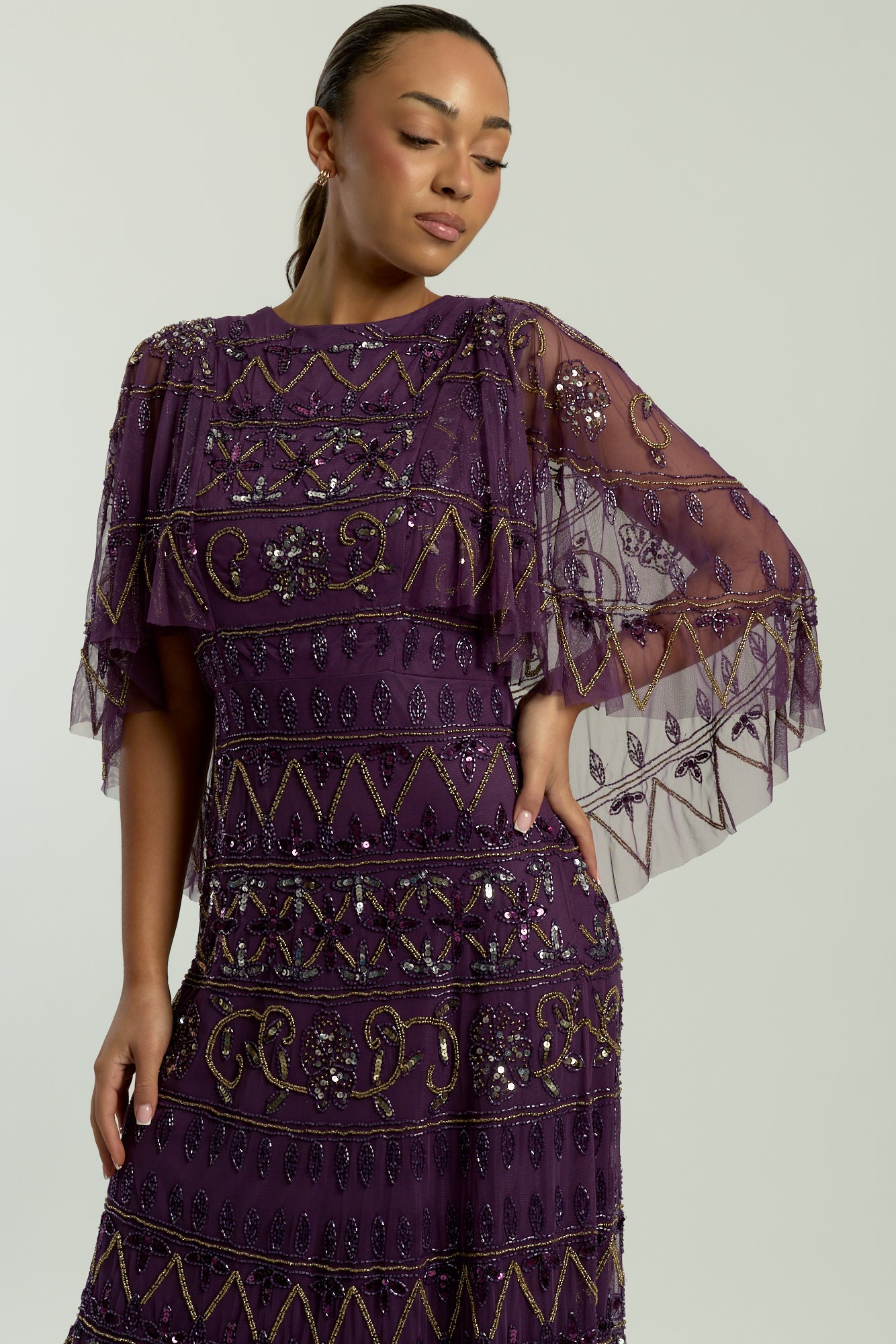 Mahonia Purple Embellished Cape Sleeve Midaxi Dress