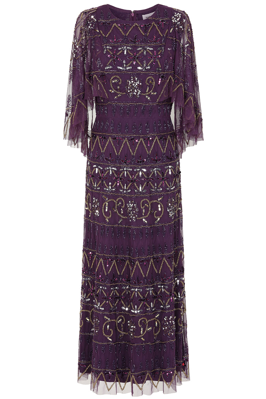 Mahonia Purple Embellished Cape Sleeve Midaxi Dress