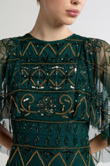 Mahonia by Frock and Frill green embellished midaxi dress with cape sleeves. 